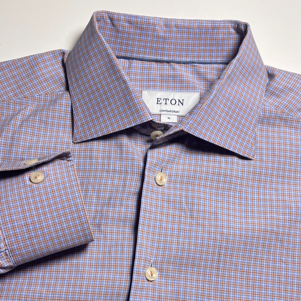 Eton Contemporary‎ Fit Dress Shirt Mens XL 43/17 Blue Orange Micro Check Formal